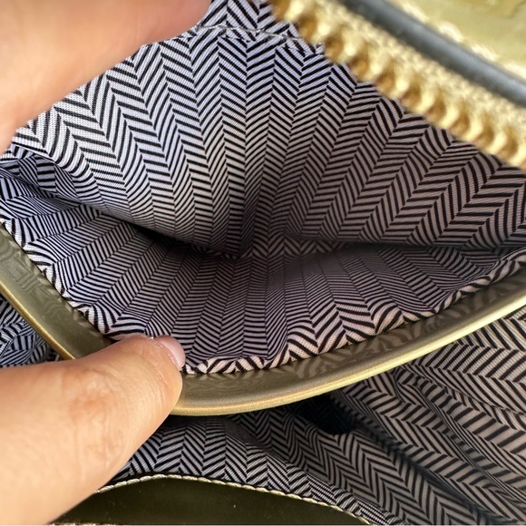 Vintage Faux Leather Patent Small Satchel Handbag w/ Crossbody Strap in Gold - Picture 10 of 11